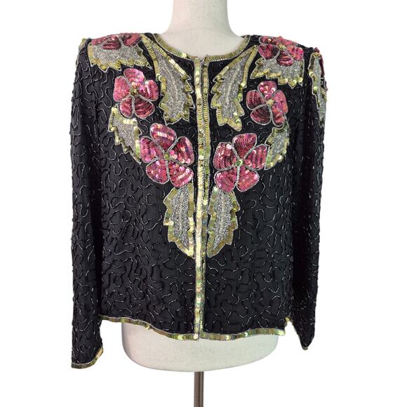 Stenay Jackets & Blazers - Stenay Silk Black Gold Pink Beads Sequins Floral Vintage Jacket Top M